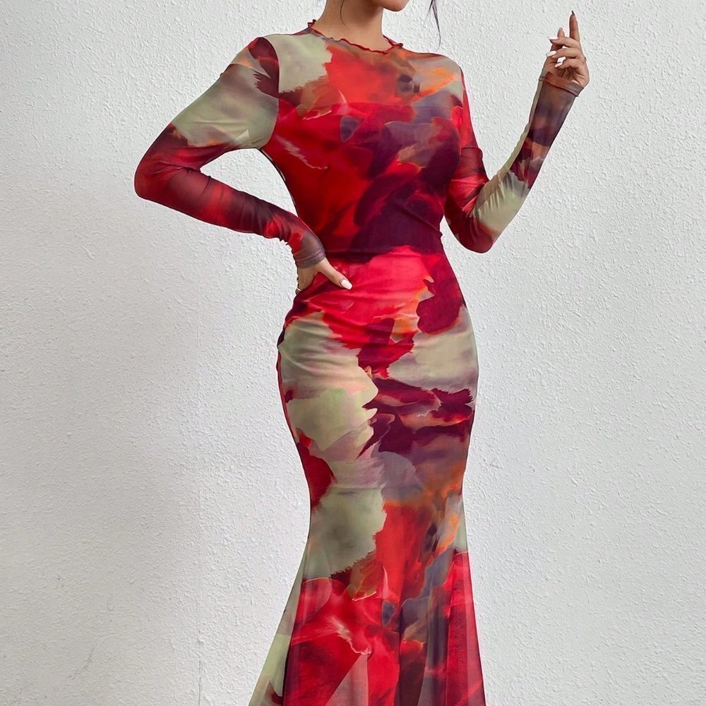 Red Preppy Women's Tie Dye Lettuce Edge Fish Tail Dress - Picture 4 of 5